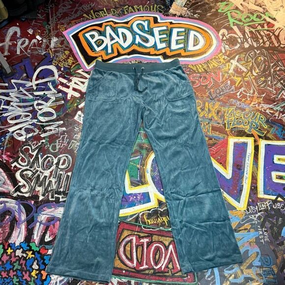 Vintage 90s C’est Tori Teal Velour Wide-Leg Pants w Drawstring - Approx Size Med - Picture 1 of 13